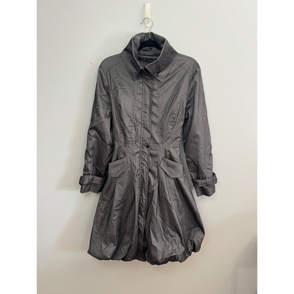Samuel Dong Metallic Gray Bubble Hem Trench Coat Jacket Women Size M - Picture 2 of 8